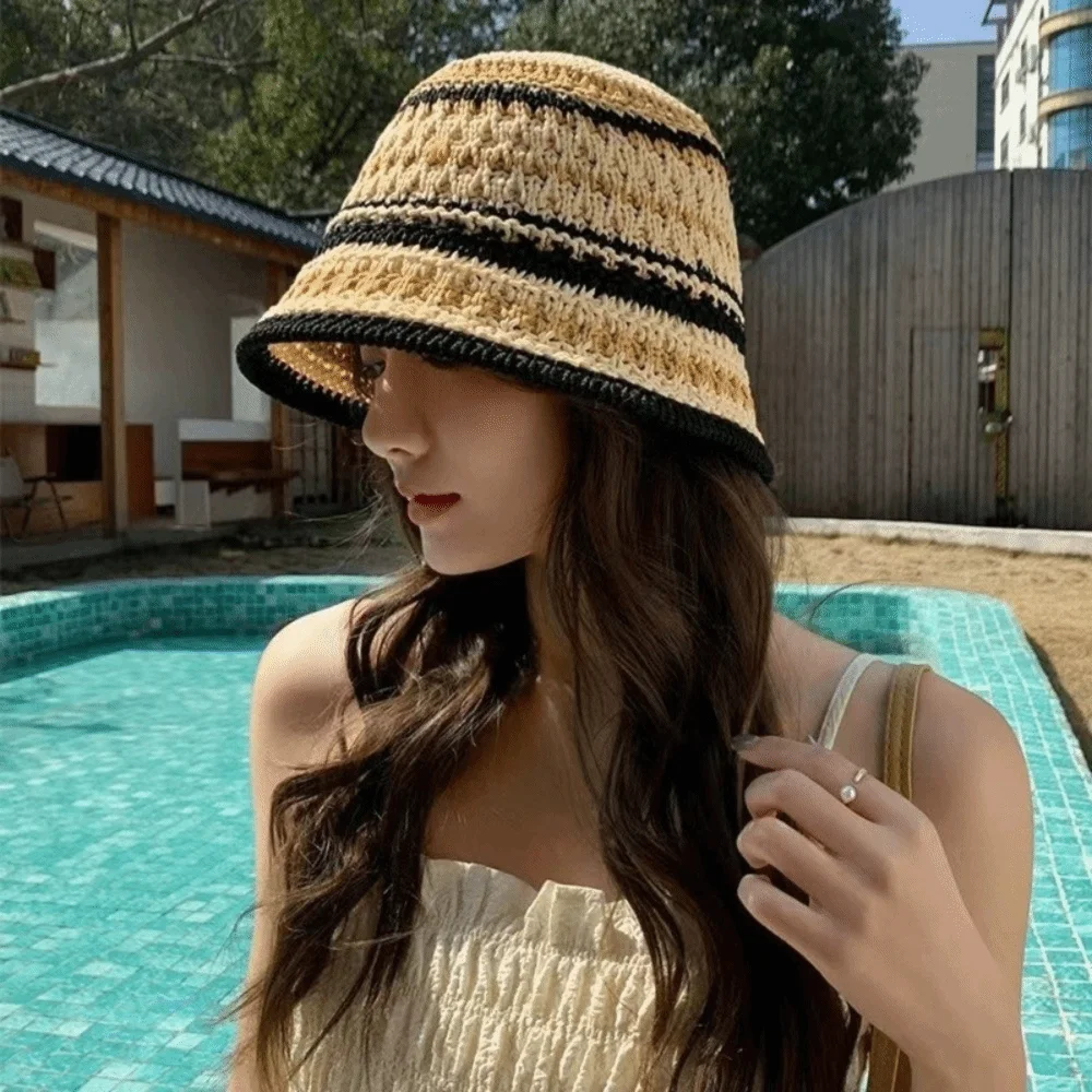 Elegant Colorful Knitted Bucket Hat Stripe Hollow Sunshade Basin Cap Breathable Korean Style Sun Protection Cap Seaside