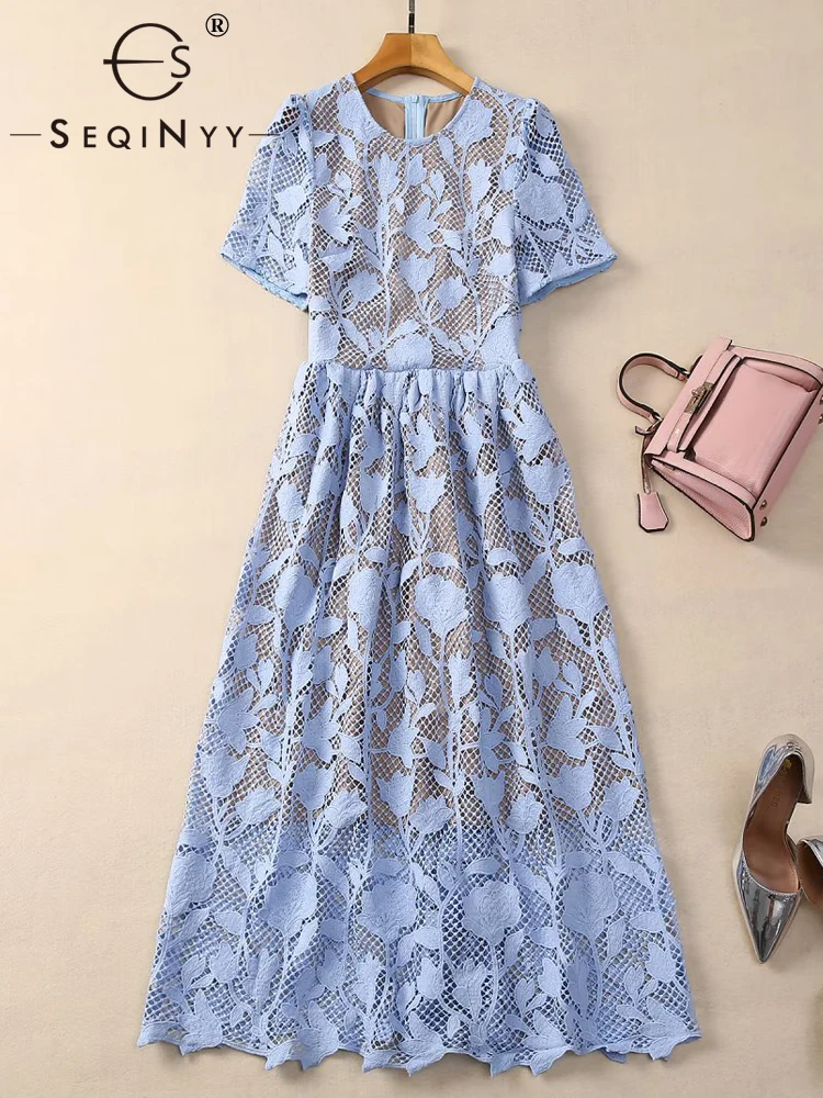 

SEQINYY Elegant Blue Dress Midi Summer Spring New Fashion Design Women Runway High Quality Short Sleeve Hollow Lace Flower