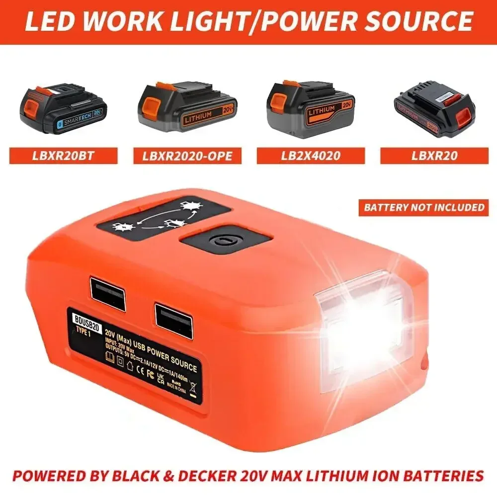 Led Work Light Battery Adapter for Black&Decker 14.4-20v Lithium Battery with Dual USB Charger 12v DC Port Power Source Supply