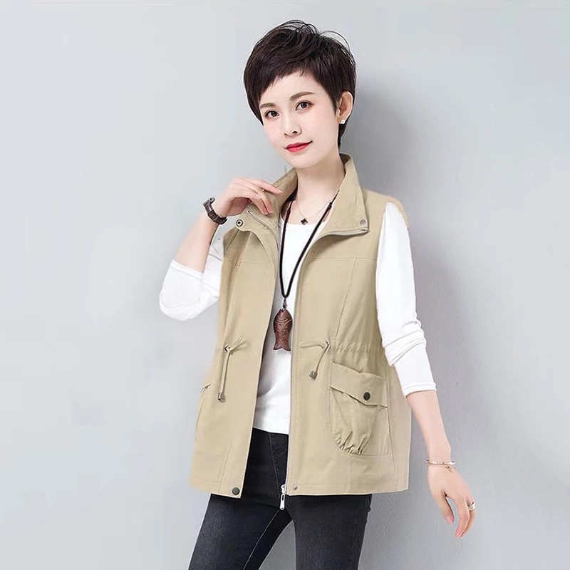 

New Middle Aged Women's Vest Waistcoat Spring Autumn Casual Lined Sleeveless Jacket Loose Pockets Outerwear Tops 4XL