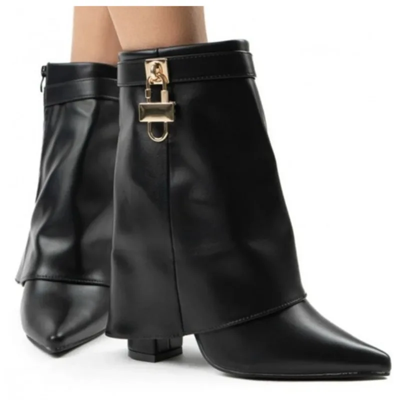 

2026 Pu Leather Women's Boots Pointed Toe Metal Lock Chunky Heels Mid-Calf Boots Trouser Boots