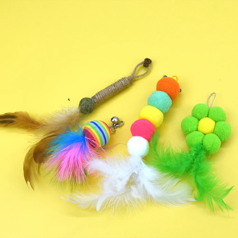 Cross-border cat teasing stick replacement head rainbow caterpillar wood teana stick cat toy funny cat bell hair ball replace...