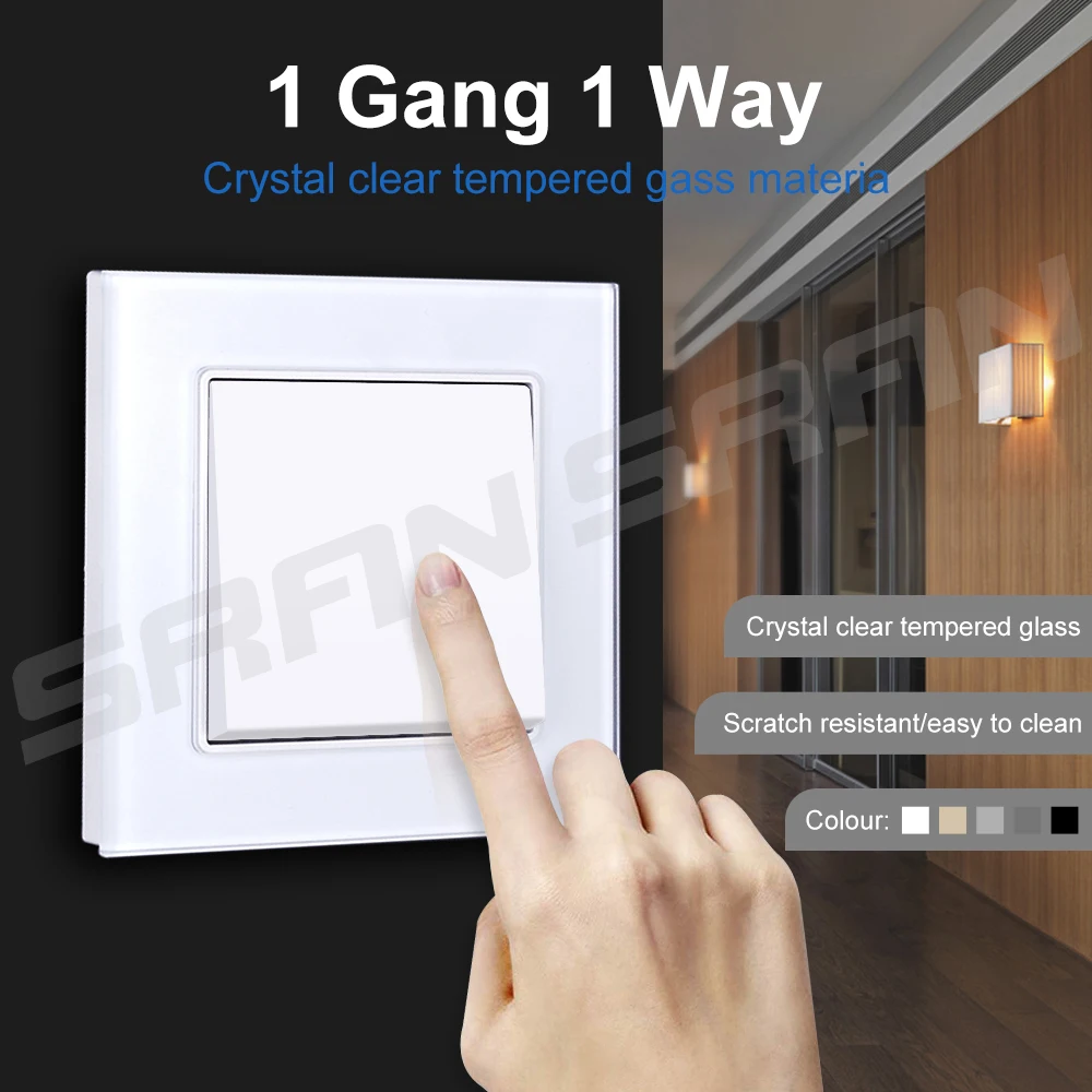 SRAN EU standard Wall Light Switch 1Gang 1/2/3 Way Tempered Glass Panel Button Switch on off Stair Through switch