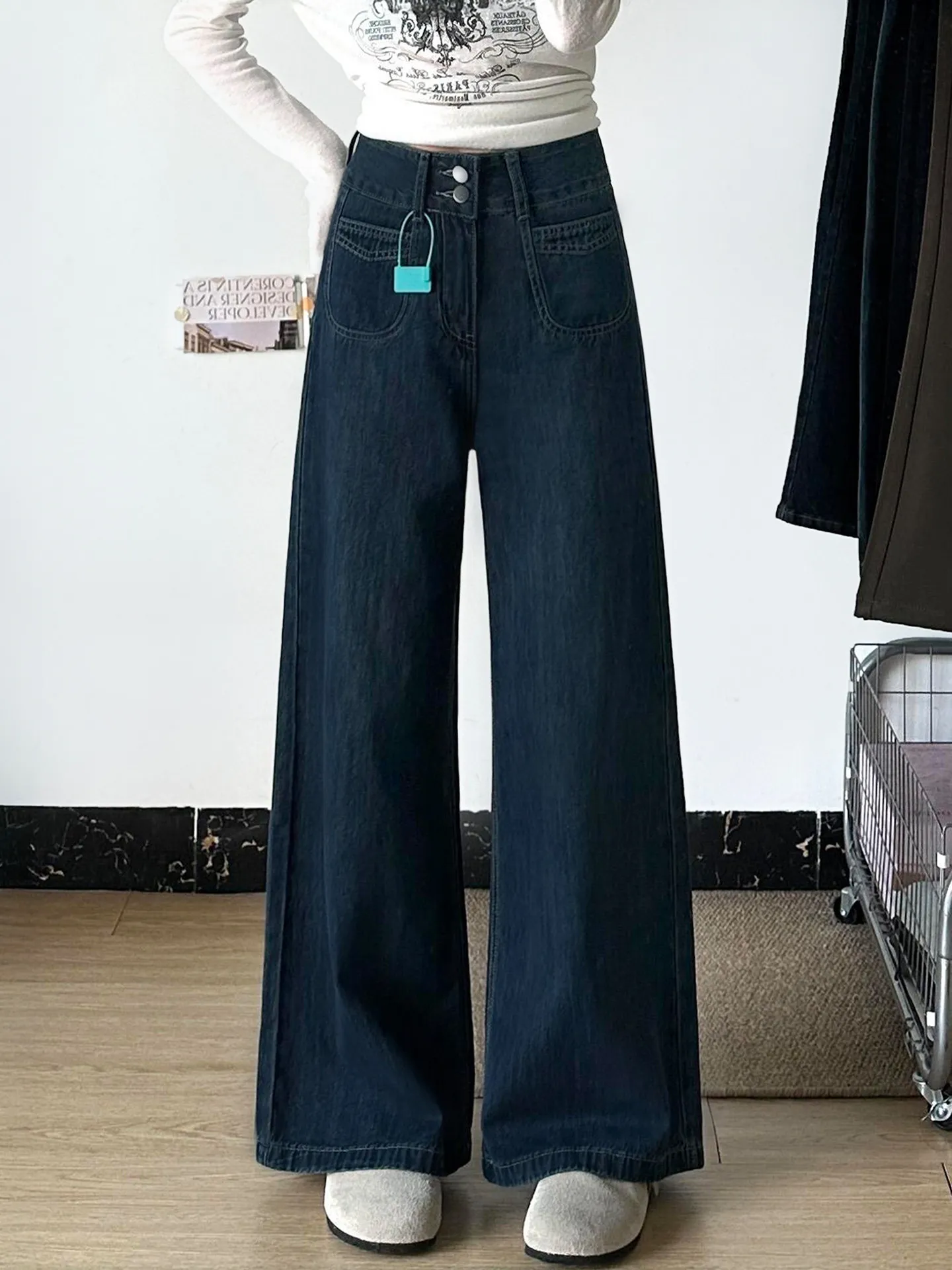 High Waist Wide Leg Blue Denim Jeans Women's Summer New plus Size Loose Straight Cut Floor-Length Pants for Pear Shaped Body