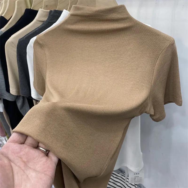 Threaded Short Sleeves Women T-shirts Summer New 2022 Turtleneck Solid Slim Elastic Long-sleeved Female Buttoming Pulls Top Tees