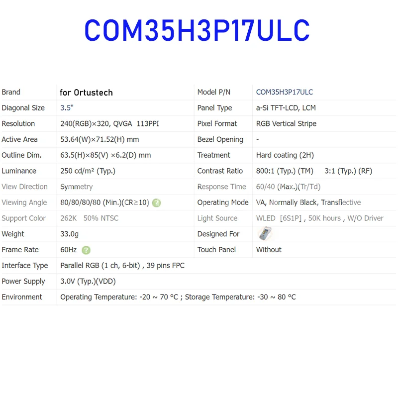 COM35H3P17ULC 3.5 Inch Original LCD Display Screen Panel for Ortustech Brand New and Fast Shipping 100% Tested