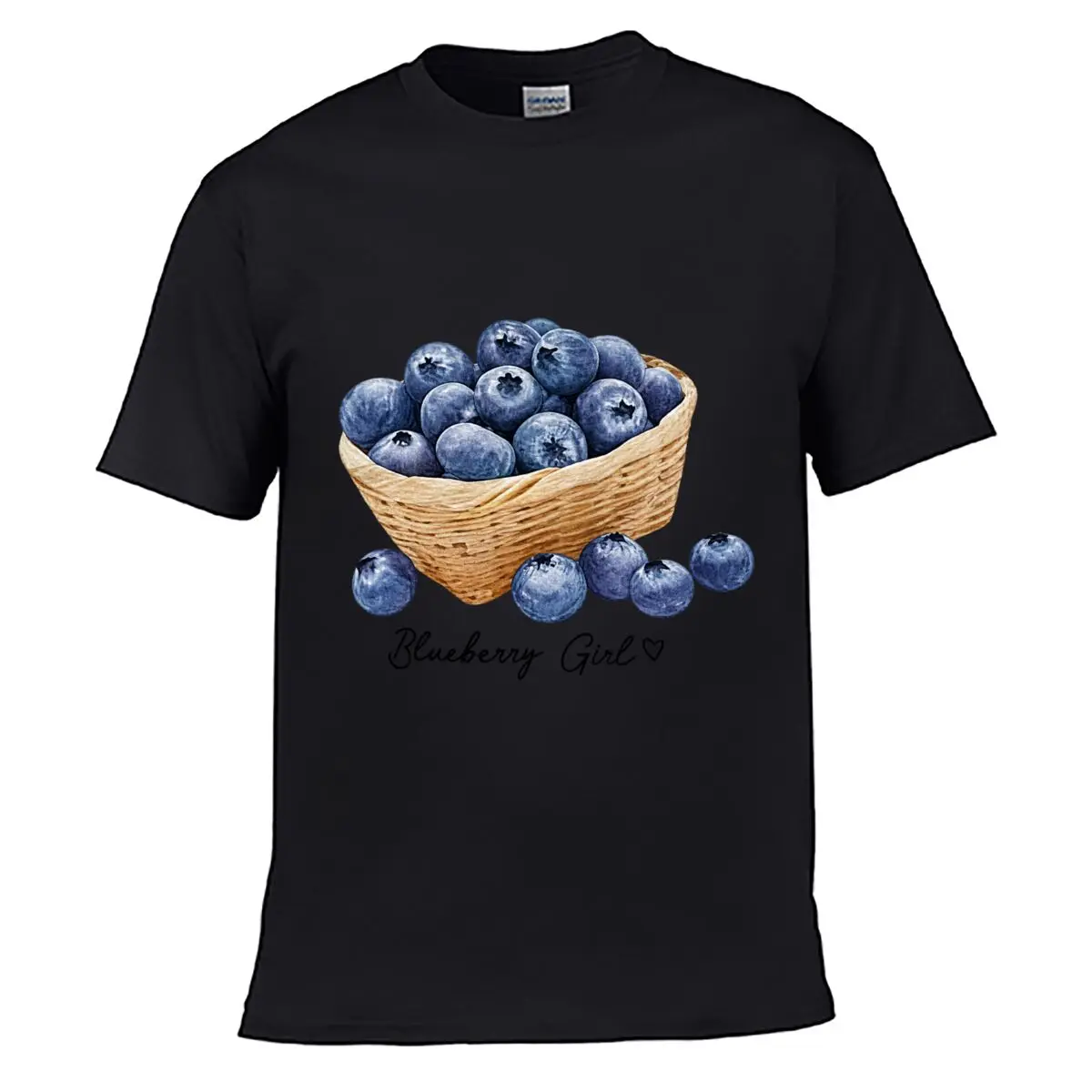 Blueberry Girl Blueberries In Woven Basket Illustration Summer short-sleeved Loose Top