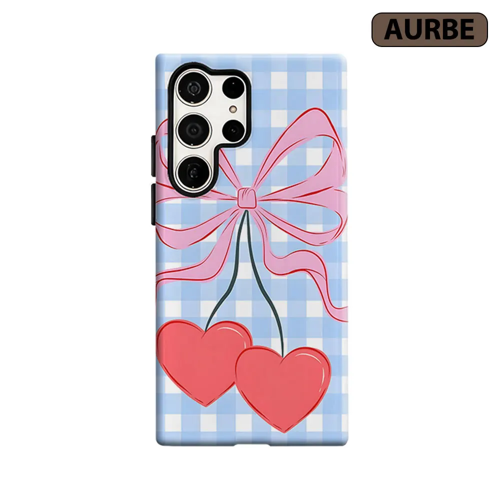 Bow Cherry Gingham Phone Case For Samsung Galaxy S26 S25 S24 S23 Ultra Plus HD Hard Double Layer Film Cover