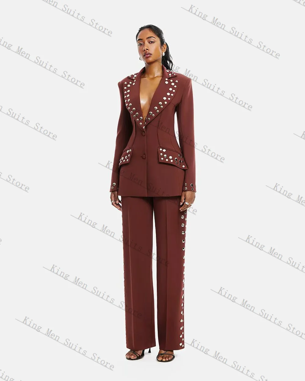 

Brown Women Suit Set 2 Piece Blazer+Pants Customized Autumn Fall Formal Office Lady Jacket Cotton Wedding Tuxedos Party Coat