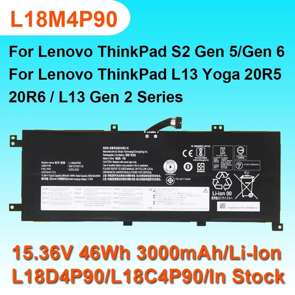 L18M4P90 Laptop Battery For Lenovo ThinkPad L13 Yoga Gen 2 20R5 20R6,S2 Gen 5/6 Series L18D4P90 L18C4P90 SB10T83119 46Wh 15.36V