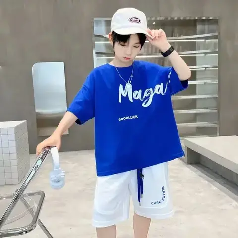 소년 여름 블루 세트 2025 새로운 어린이 여름 어린이 소년 한국어 얇은 스포츠 여름 magzine 투피스 세트