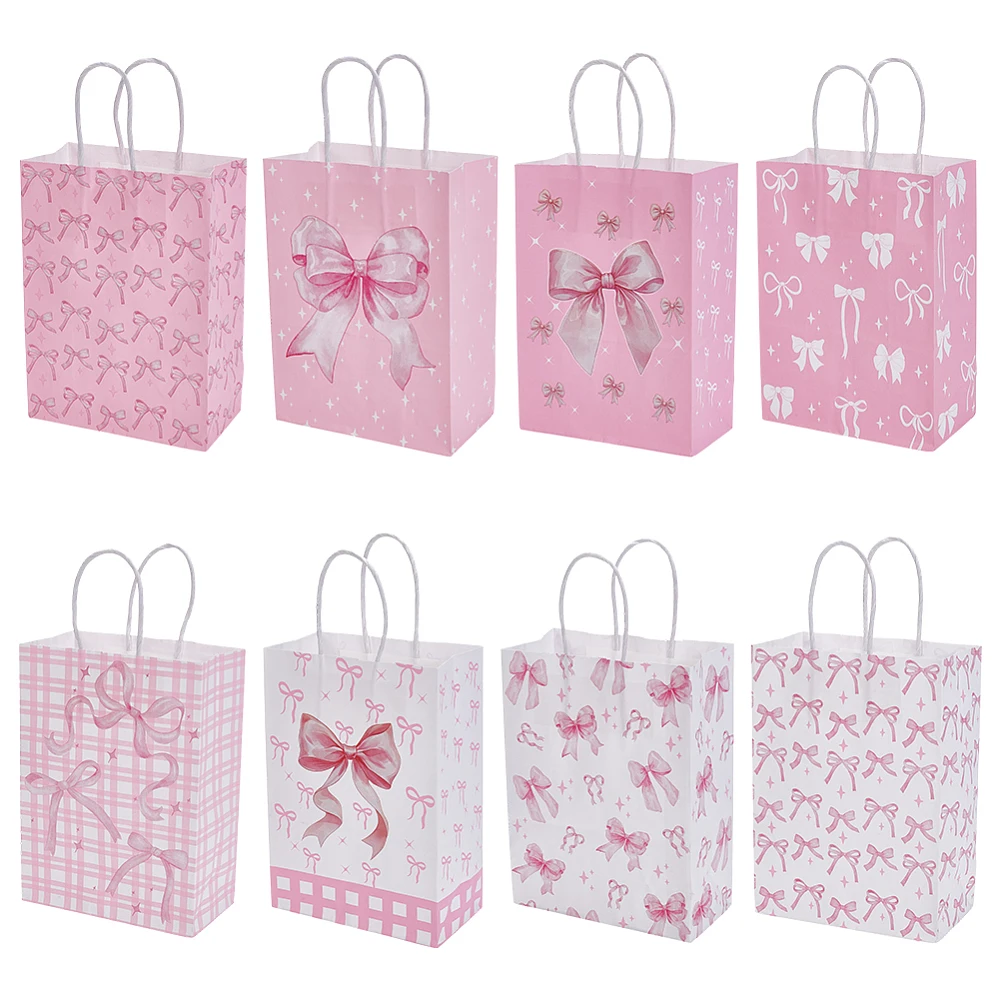 24Pcs 8 Style Gift Bags Pink Paper Bags with Handles knot Cute Bag Grocery Shopping Bags for Wedding Birthday Valentine's Day