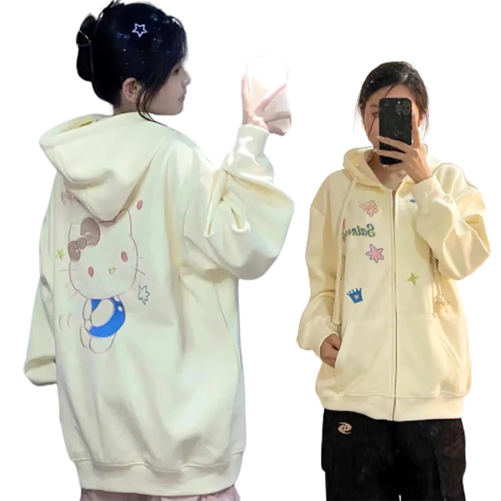 

Kawaii Hello Kitty Girls Hooded Hoodies Cardigan Cotton Sweatshirt Sanrioed Anime Cartoon Spring Autumn Tops Coat Loose Oversize