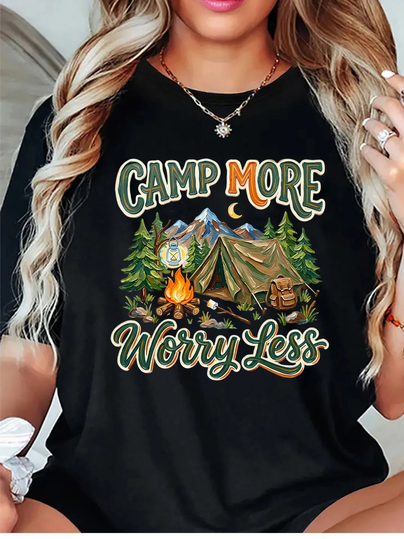 Camp More Worry Less Mountain Tent Campfire Forest Nature Graphic Womens T Shirt Short Sleeve Crew Neck Casual Ladies Tee Tops