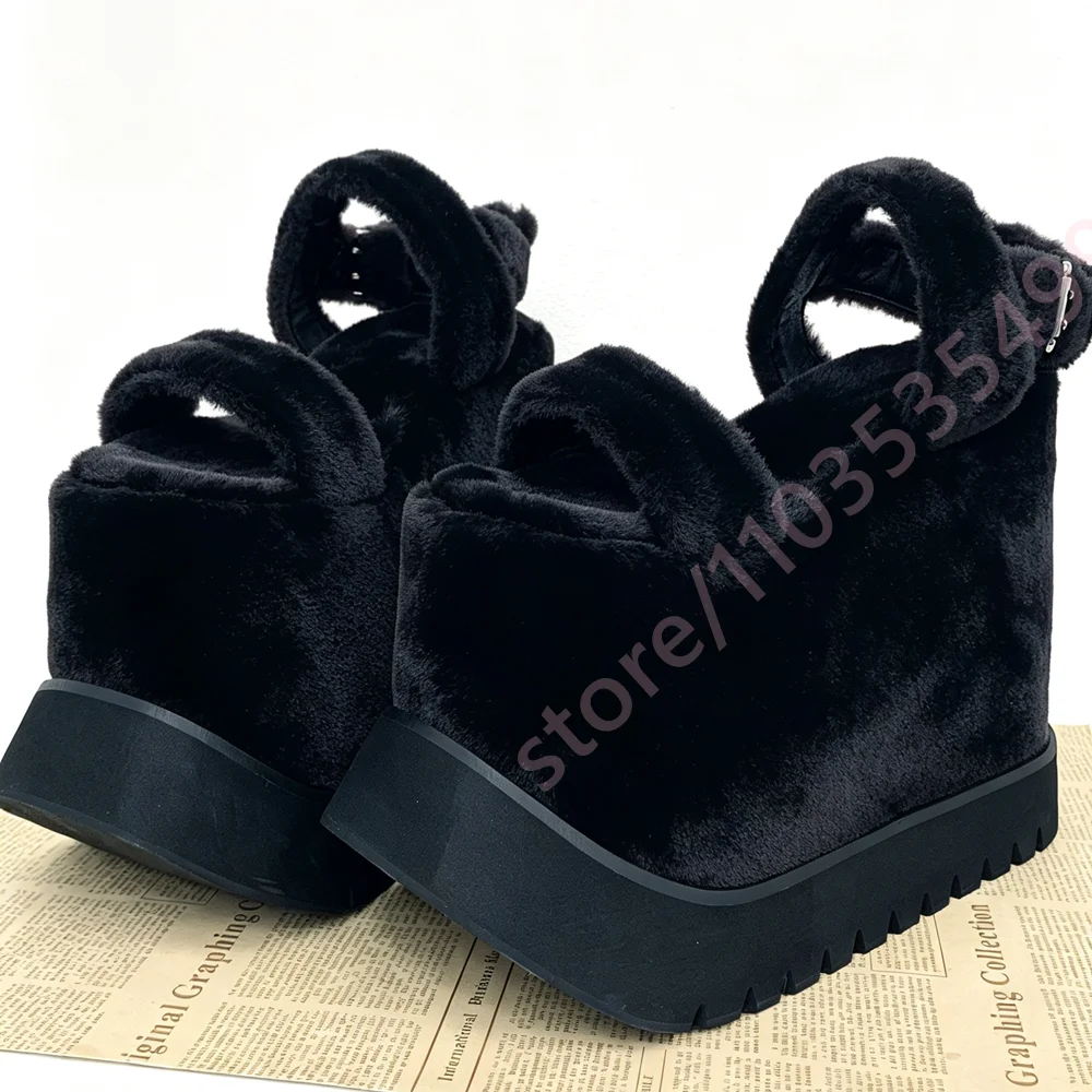 2026 Furry Platform Sandals Open Toe Double Fuzzy Strap Back Zipper Thick Sole Wedge Heel Y2K Gothic Winter Warm Fashion Shoes