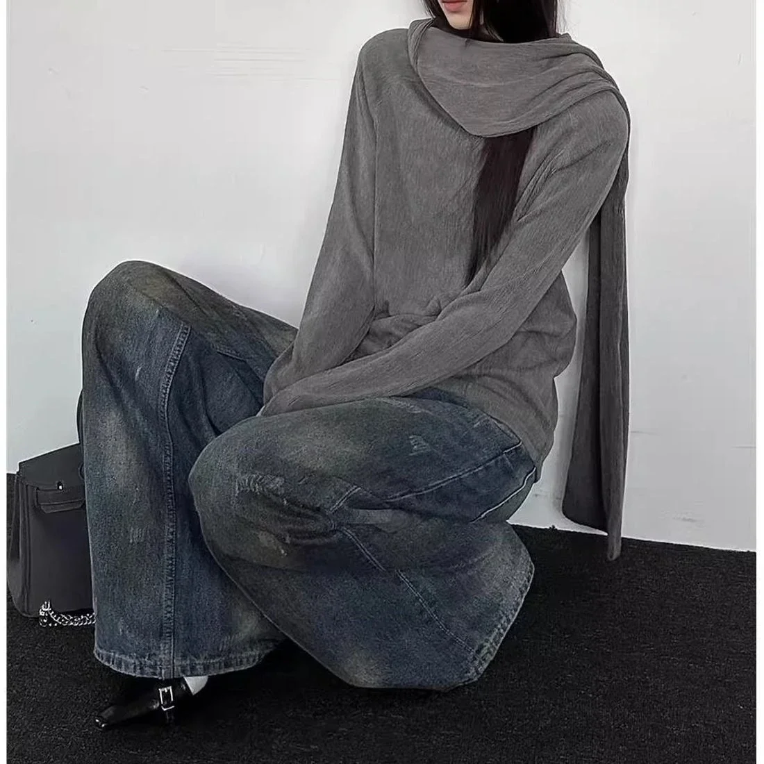 سترات خريفية ضيقة بأكمام تشبه جناح الخفّاش على الموضة الكورية لعام 2000s Y2k لون نقي ثقافة فرعية غير رسمية بأكمام طويلة بلوفرات أنيقة