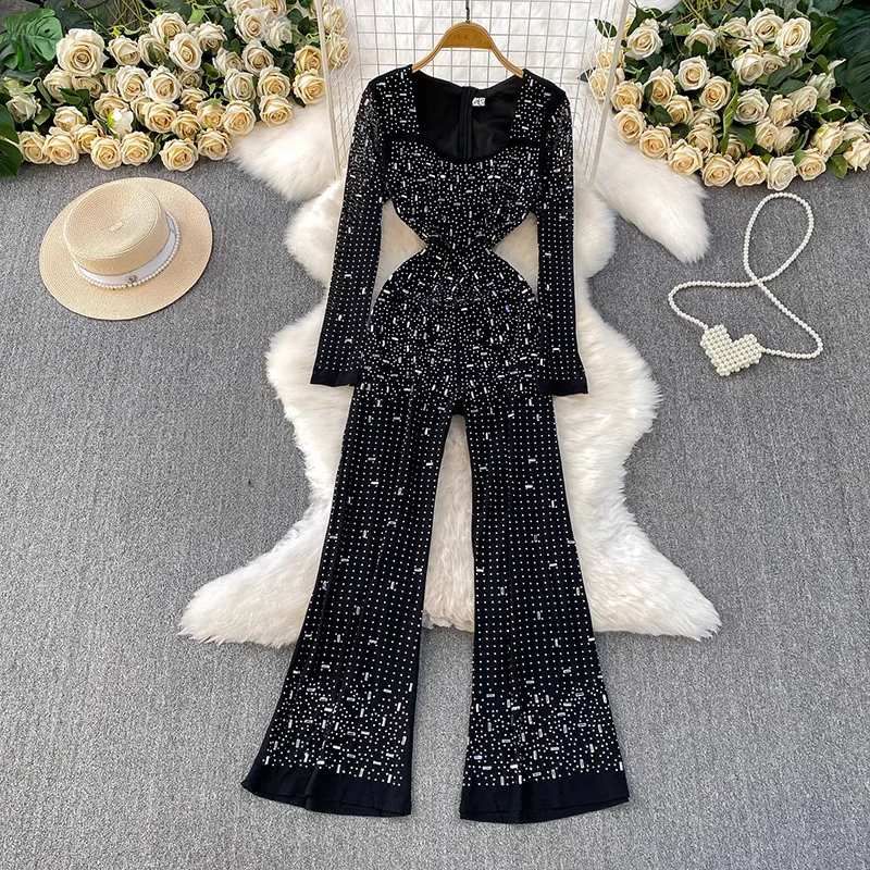 

Высококачественный комбинезон в европейском стиле с квадратным вырезом и длинными рукавами для женщин, осенний светский комбинезон с застежкой на талии для похудения