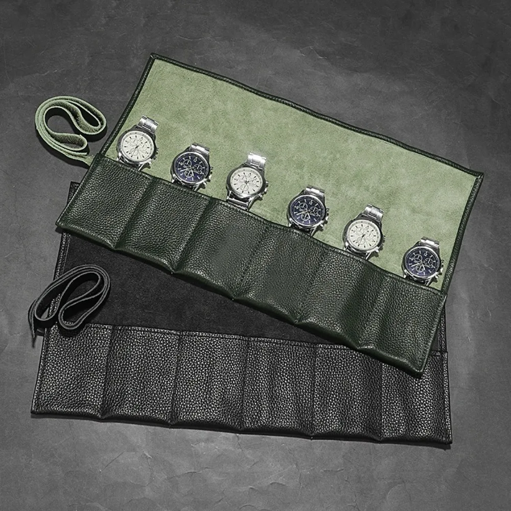 

6 Slots Watch Storage Bag Black Leather Soft Lining Watch Storage Box Solid Color Scratch Resistant Wristwatch Storage Bag