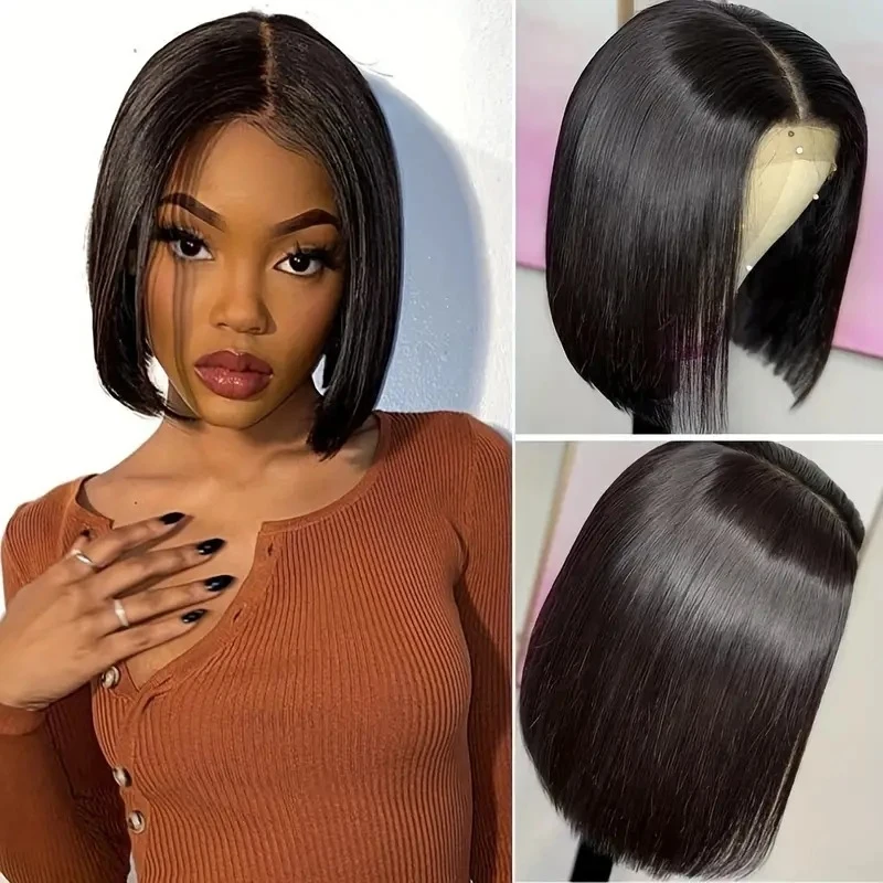 Fashionable middle-parted straight hair , African lace front bob wig