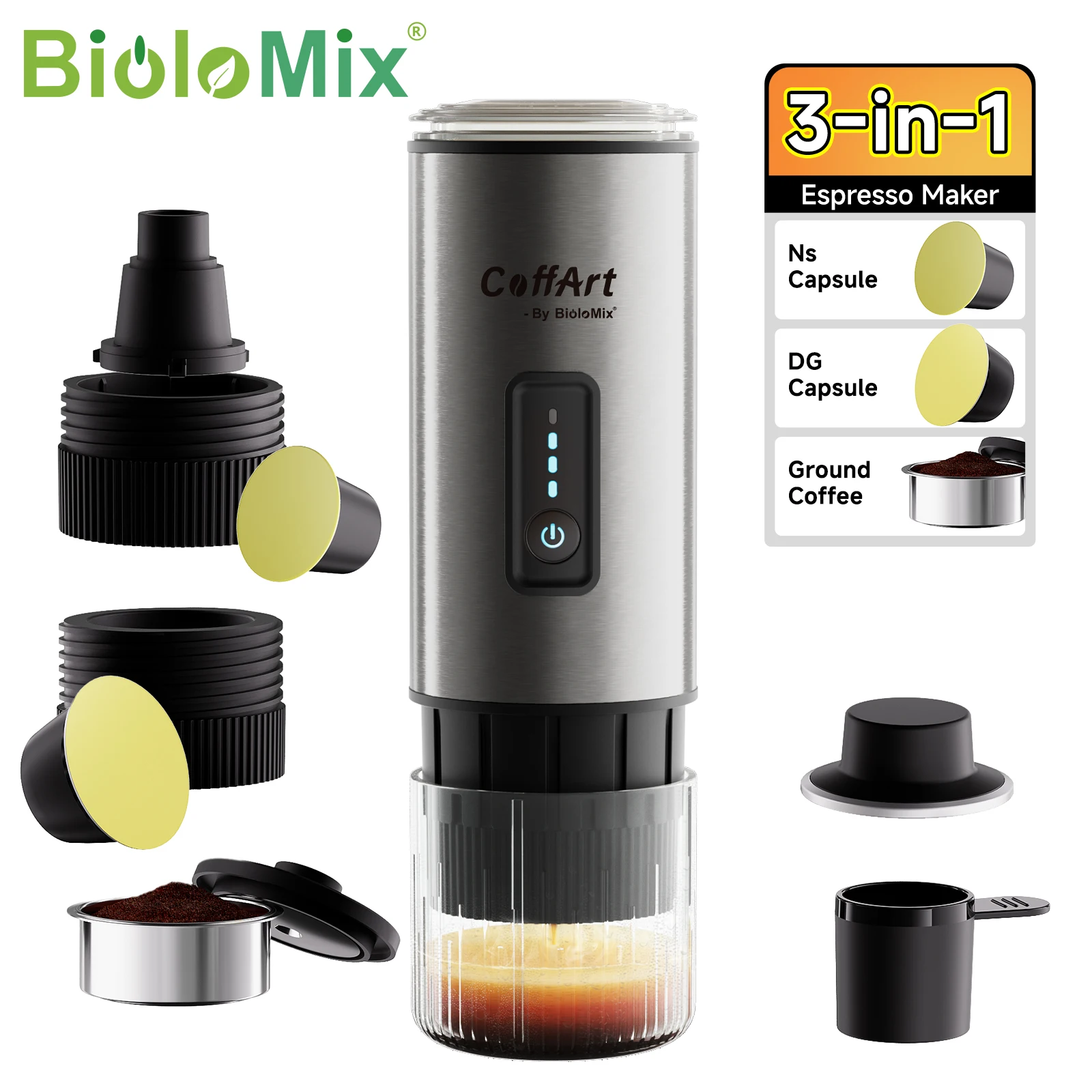 CoffArt By BioloMix Tragbarer 3-in-1 Reise-Espressoautomat, USB/12V Kaffeemaschine für Nespresso, Dolce Pods & Kaffeepulver