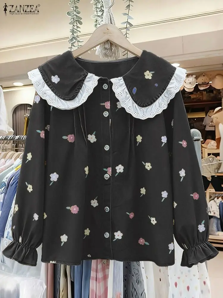 Damskie bluzki ZANZEA z nadrukiem kwiatowym w stylu vintage, koszule z długim rękawem, kołnierzyk Peter Pan, tuniki z koronkowymi wstawkami, bluzki jesienne, bluzki damskie 2025