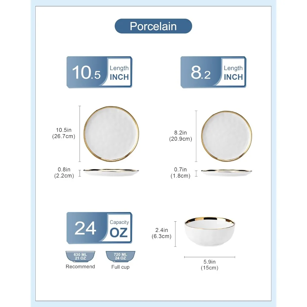 12 Pieces Plates and Bowls Sets, Porcelain White and Gold Dinnerware Sets, Round Dinner Plates