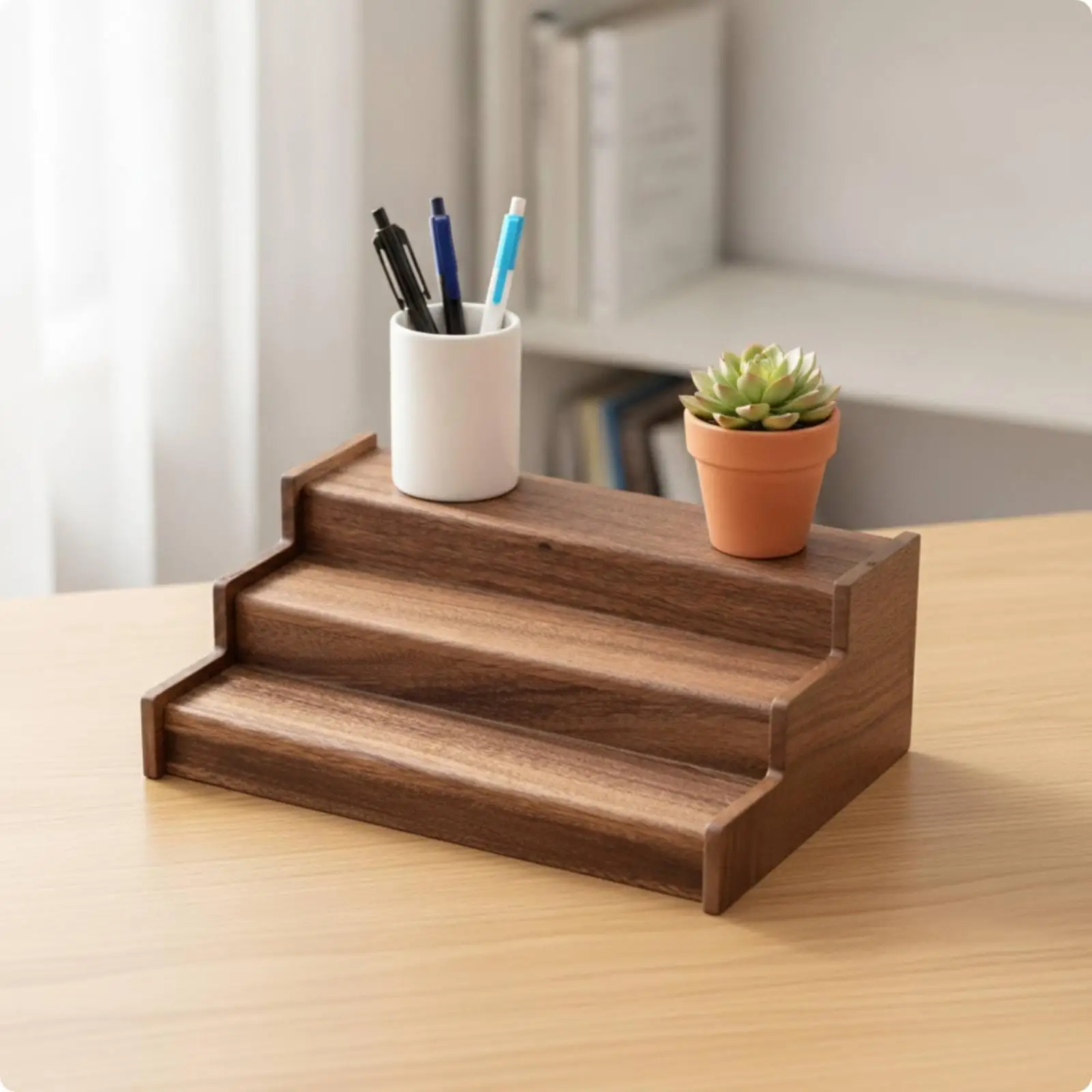 Three-Step Display Rack Tiered Stepped Display Rack Natural Wood Grain for Desk