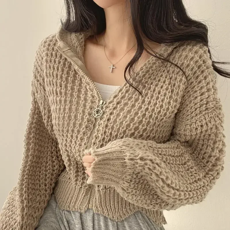 بلوفر نسائي غريب Verschluss Mantel ، كوري Herbst الشتاء Kapuze ، قمم Strickjacke Kurze ، تصميم Revers kargen ، توب فضفاض