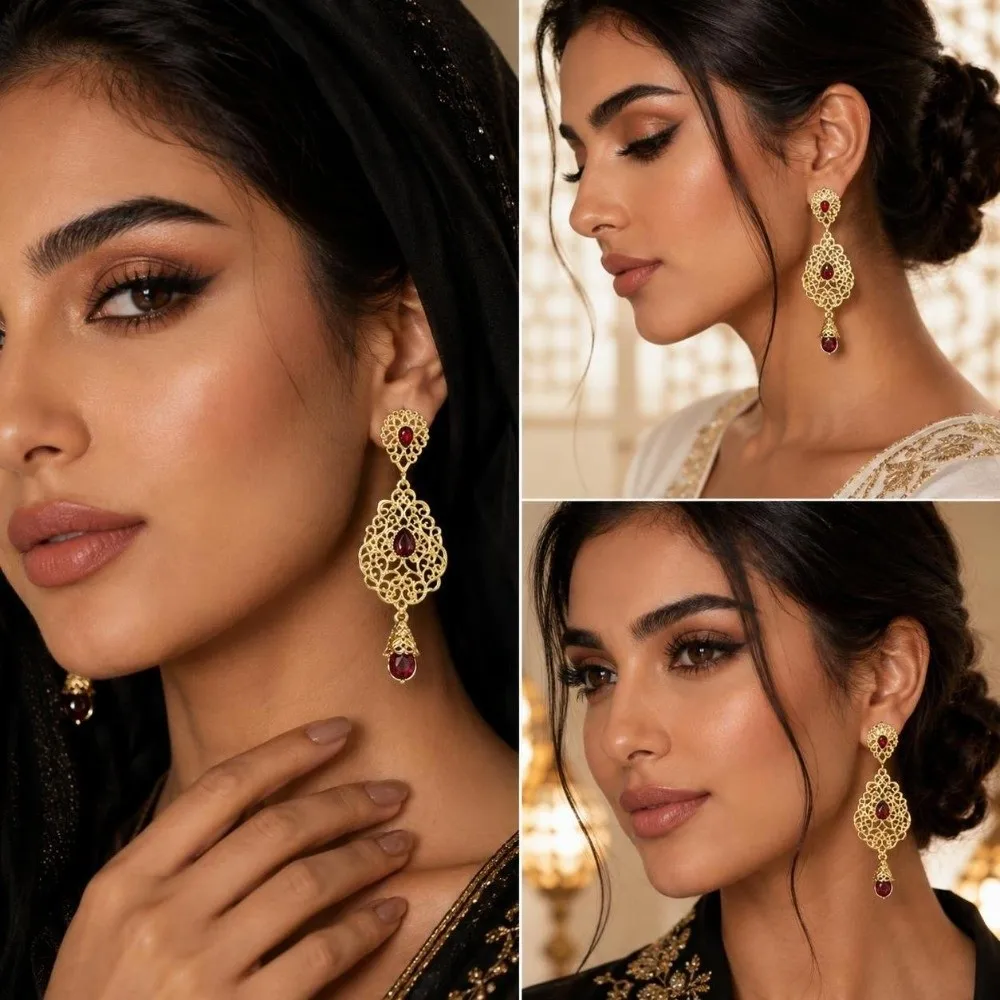 1 Pair Hollow Design Arabic Earrings Water Droplet Shape Traditional Style Moroccan Earrings Crystal Pendant Hollow Earrings