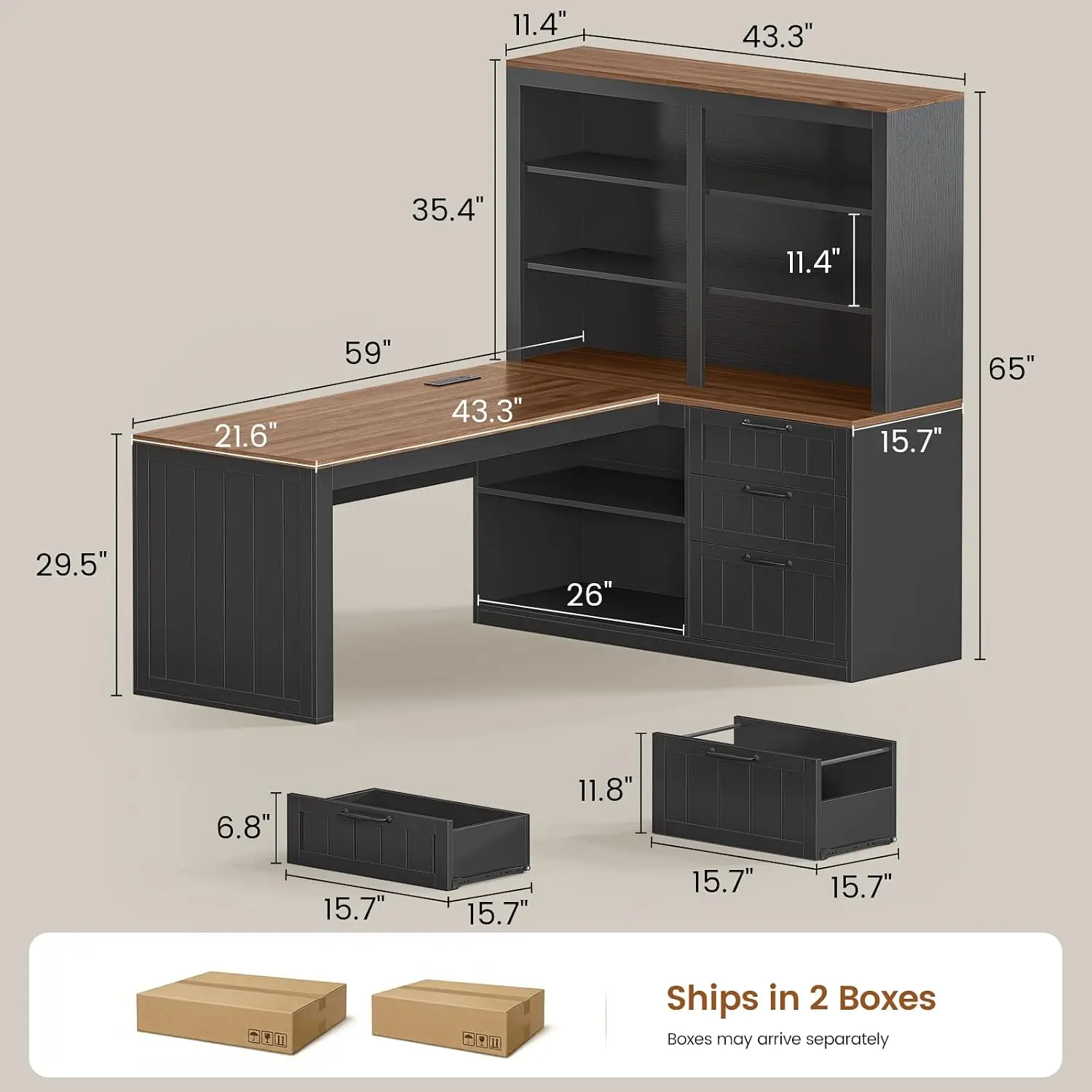 L Shaped Computer Desk 59'' 3 Drawers 5-Tier Bookshelf Corner Storage Shelves Power Outlet Home Office Black Brown, Customized