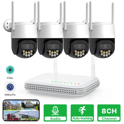 Grabador NVR WiFi de 8 canales, Kit de vídeo de vigilancia de seguridad CCTV IP de 4MP, PTZ, seguimiento automático impermeable, cámara con Zoom 5X iCsee