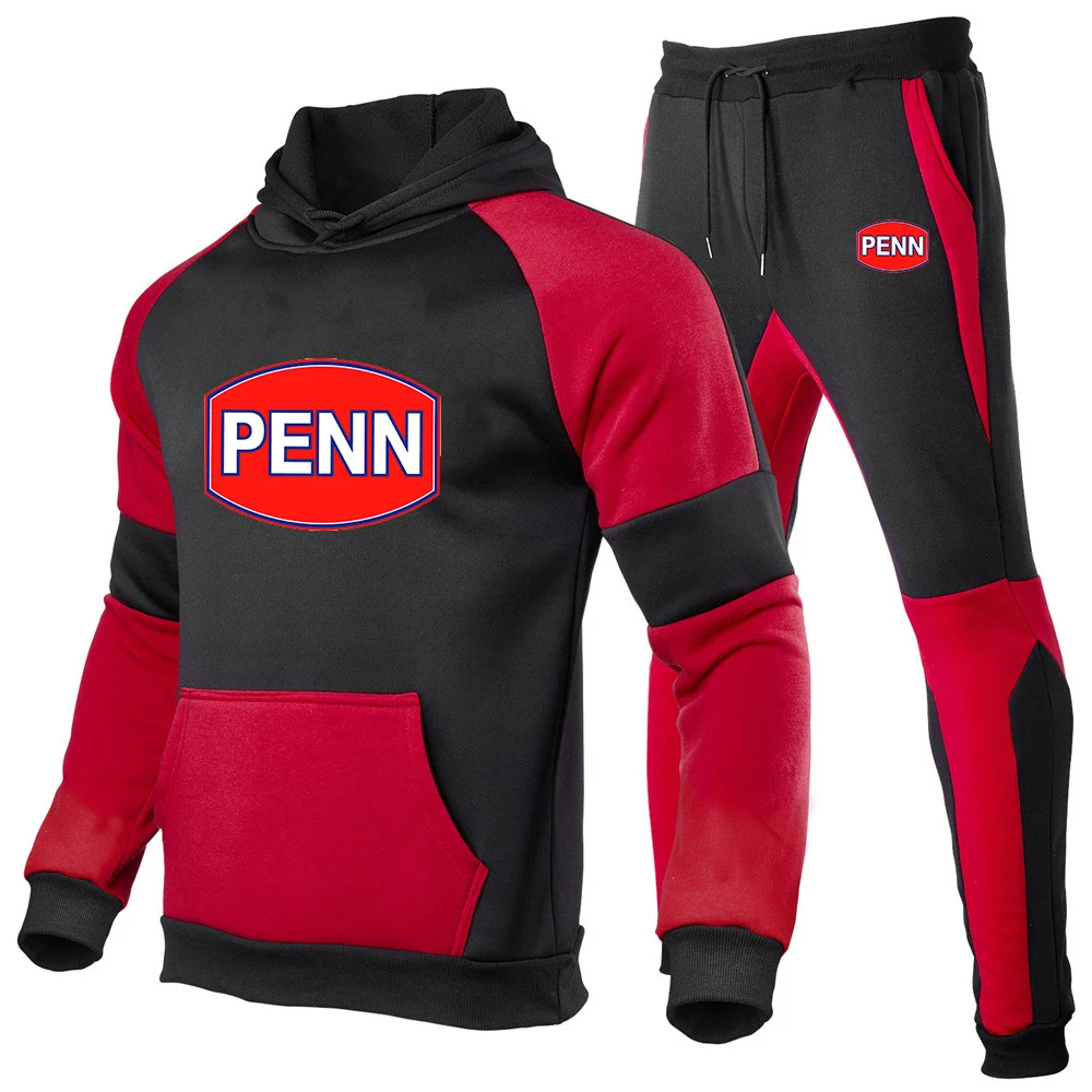 Penn Fishing Reel 2023 Men New Sets Spring and Autumn Brand Popular Print Fashion Color Matching Hoodie + Pants Two-piece Set