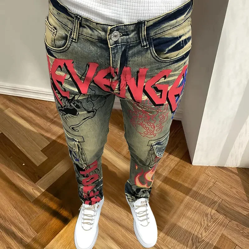 2024 Ripped Jeans Men Pant Pantalon Homme Street Fall Motorcycle Pants Color Graffiti Punk Button