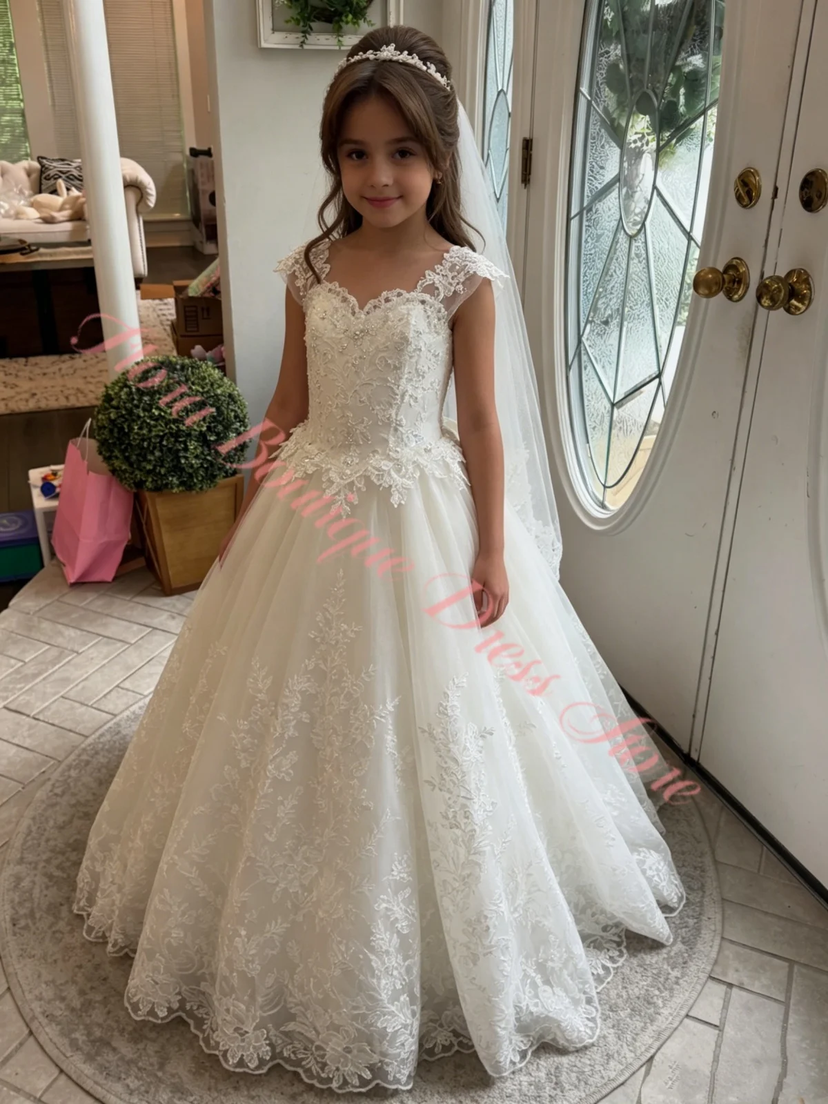 Customized White Flower Girl Dress For Wedding Applique Puffy Ruffles With Tail Kids Birthday Party First Communion Gown