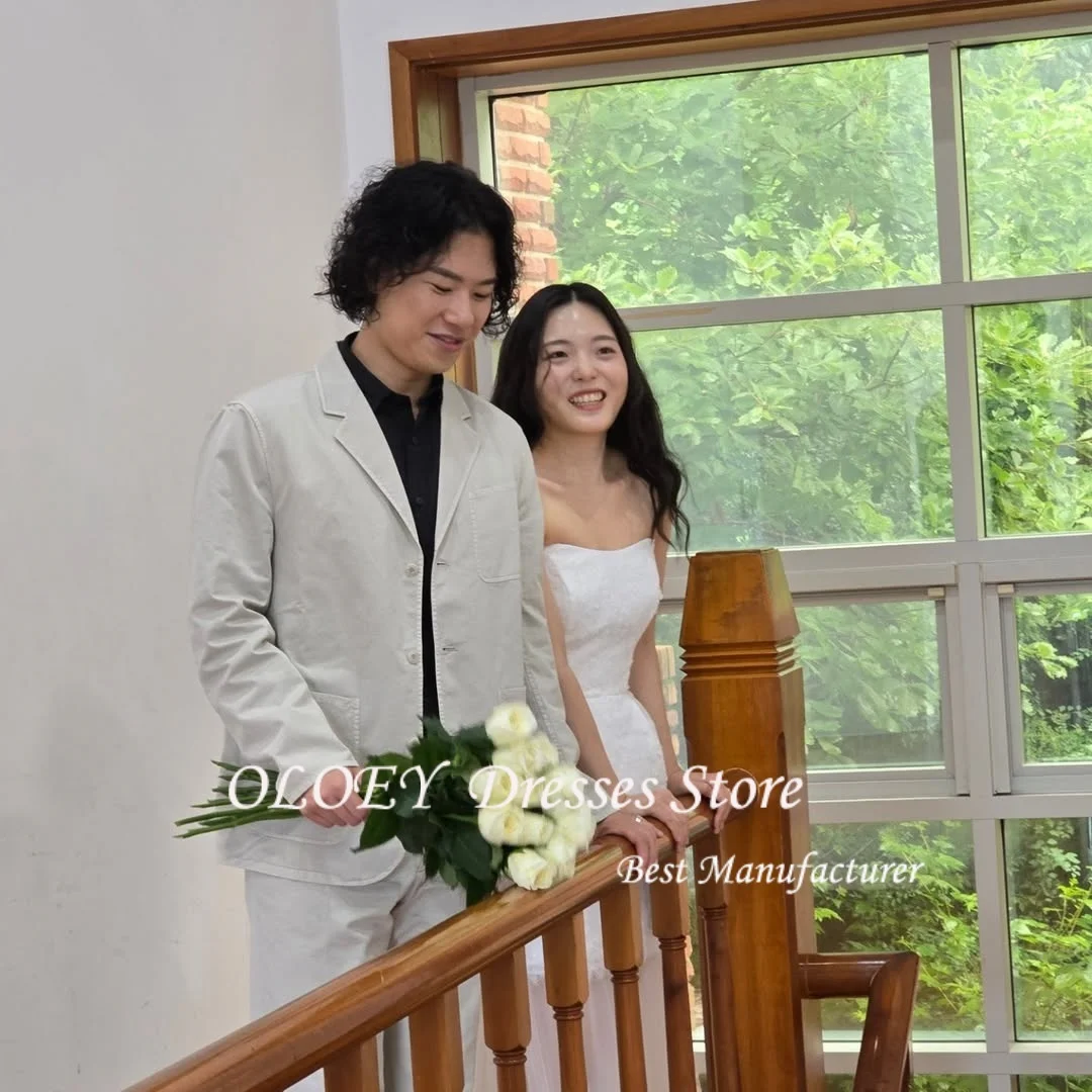 OLOEY 간단한 아이보리 웨딩 드레스 Strapless a 라인 Draped Floor Length 레이스 한국 사진 촬영 신부 리셉션 가운 맞춤형