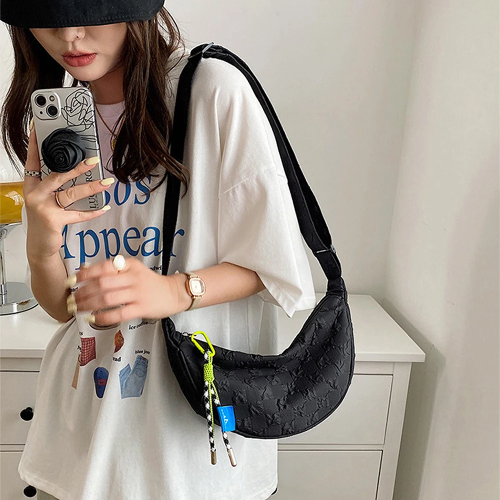 Fashion Plaid Crossbody Bag for Women Cute Half Moon Shoulder Bag Casual Large Hobos Bags Girls Nylon Simple Handbag Purse