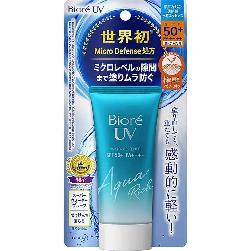 Biore UV 아쿠아 리치 워터 선스크린 에센스, 일본 화장품 SPF50 + PA +++ 스킨 케어 선스크린 크림 젤 로션, 얼굴 바디용, 50ml