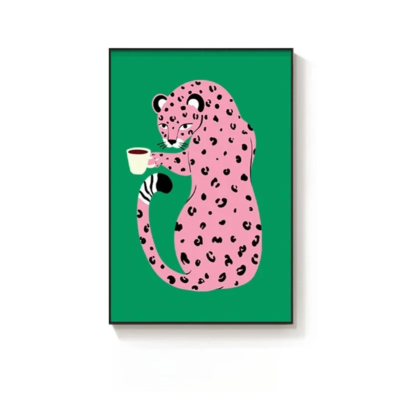Pink leopard cartoon hanging paintings, niche bedroom dopamine desktop pendulum paintings