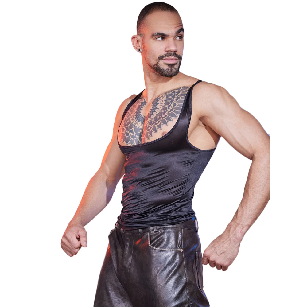 Sexy Men Big U Neck Thin Tank Tops Shaper Wear Strap Vest Sheer See Through Fashion Top Elastic Breathable Sleeveless Shirt