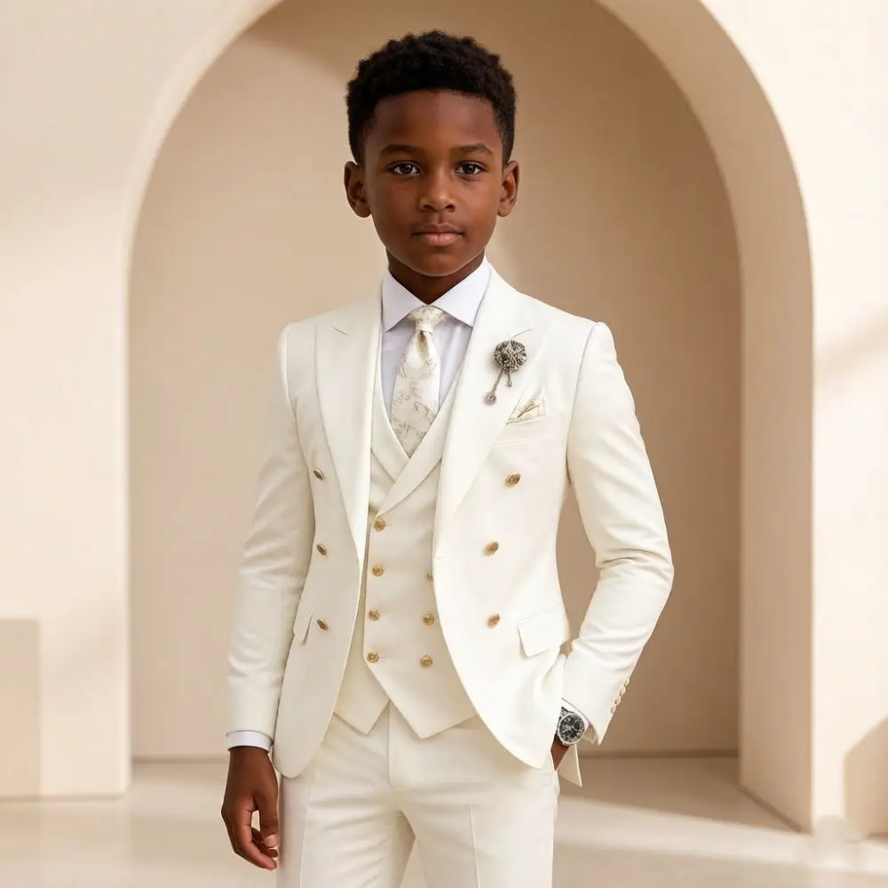Boy Suits Ivory Wedding Double Breasted 3 Pieces Groom Tuxedo Child Suit Classic Gold Button School Prom Children Gala Events