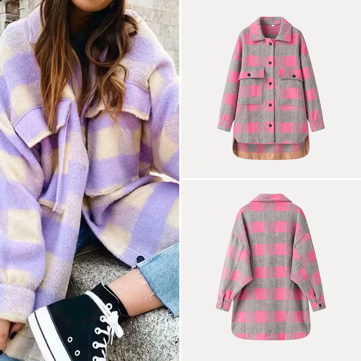 

Faionable Loose Plaid irt Jaet Women's Sle Autumn 2025 Season New Arrival ket Decorated All-Match Trendy Outerwear