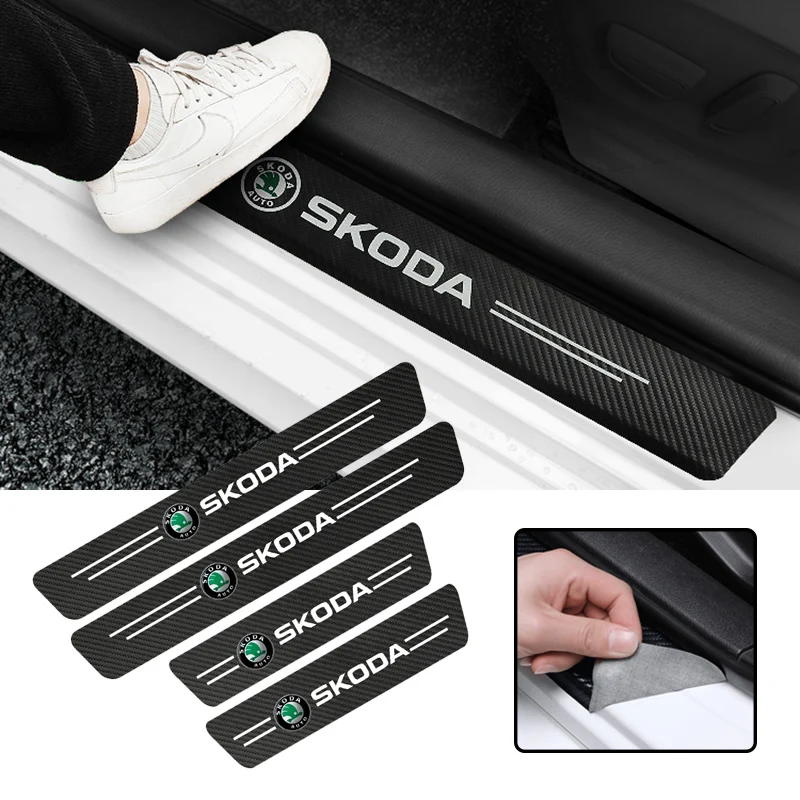 Adesivos de soleira de porta de carro, fibra de carbono, couro, protetor anti-paso para skoda octavia vrs rapid kodiaq fabia karoq superb scala