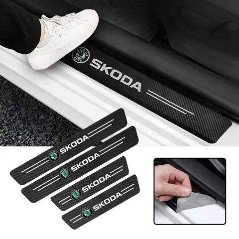 Adesivos de soleira de porta de carro, fibra de carbono, couro, protetor anti-paso para skoda octavia vrs rapid kodiaq fabia karoq superb scala