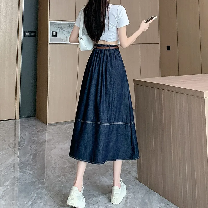 Maxi Long Skirts Women Summer Casual High Waisted Jean Skirt Ladies Splicing A-Line Ruffle Denim Skirt Plus Size 3XL NS5894