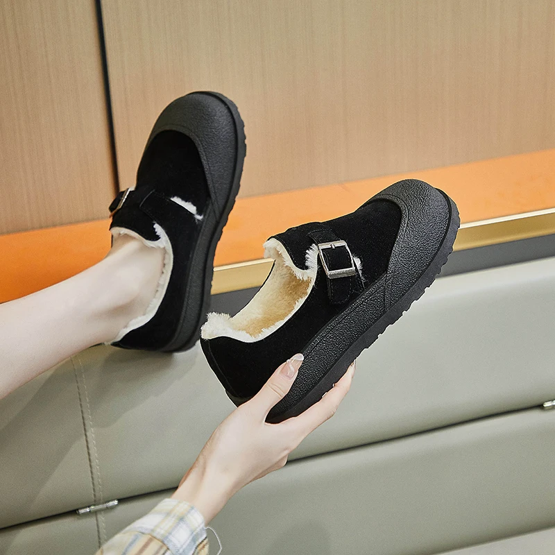 Autumn and winter warm flat shoes striped casual shoes plus cashmere cotton increase round head fashion women's shoes
