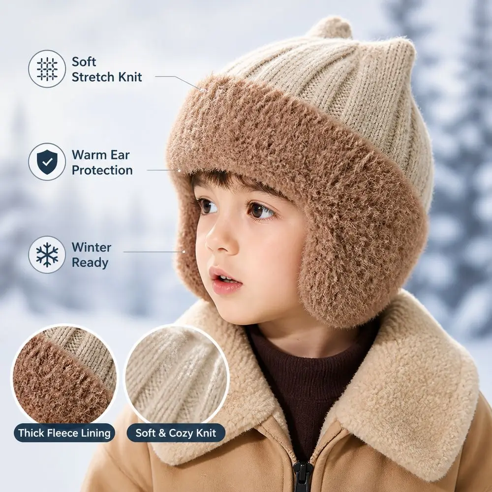 Knitted Fabric Winter Earflap Hat Lining Cat Ear Shape Lined Hat Full Ear Coverage Soft Stretch Cat Ear Beanie For Children