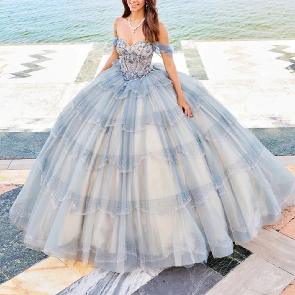 Exquisite Blue Evening Party Dresses Sweetheart Appliques Floor Length Princess Designer Shiny Women Wedding Banquet Ball Gowns