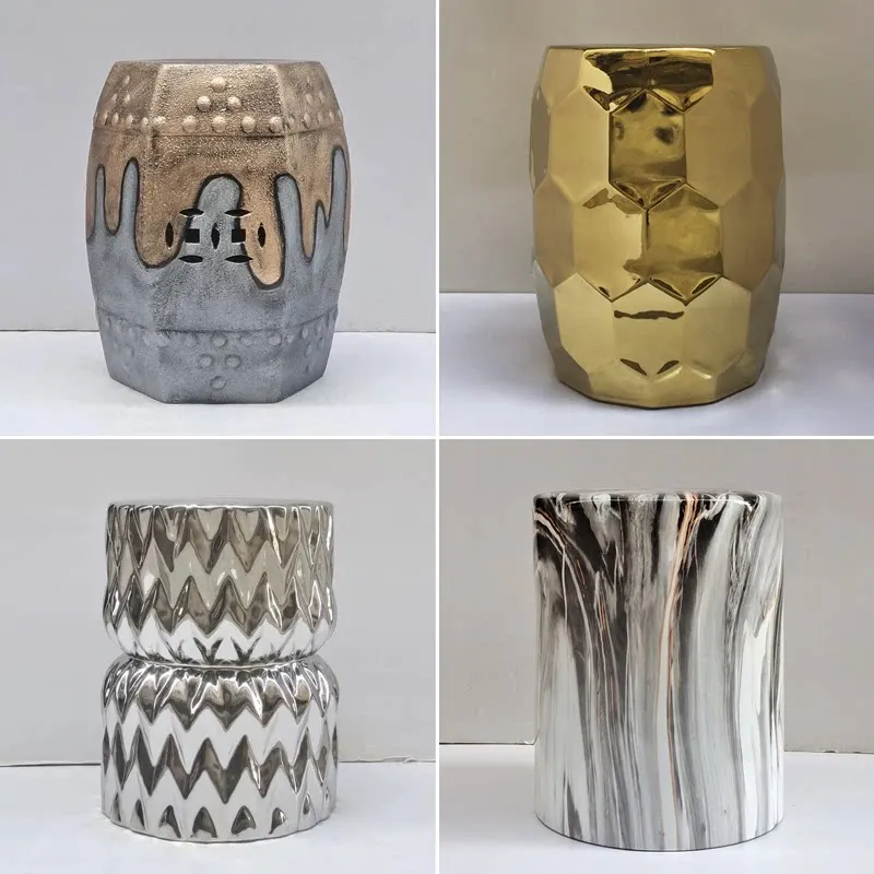 Modern Chinese-style porcelain stool, outdoor garden ceramic drum stool, silver-colored, with carved patterns, round, openwork