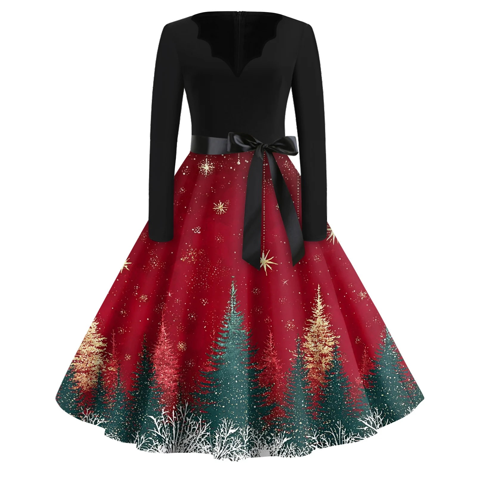 เดรสคริสต์มาสพิมพ์ลายสำหรับผู้หญิง เอวสูง ทรงเอ แฟชั่นลำลอง แขนยาว คอวี สำหรับงานปาร์ตี้ ชายกระโปรงบานใหญ่ แต่งโบว์