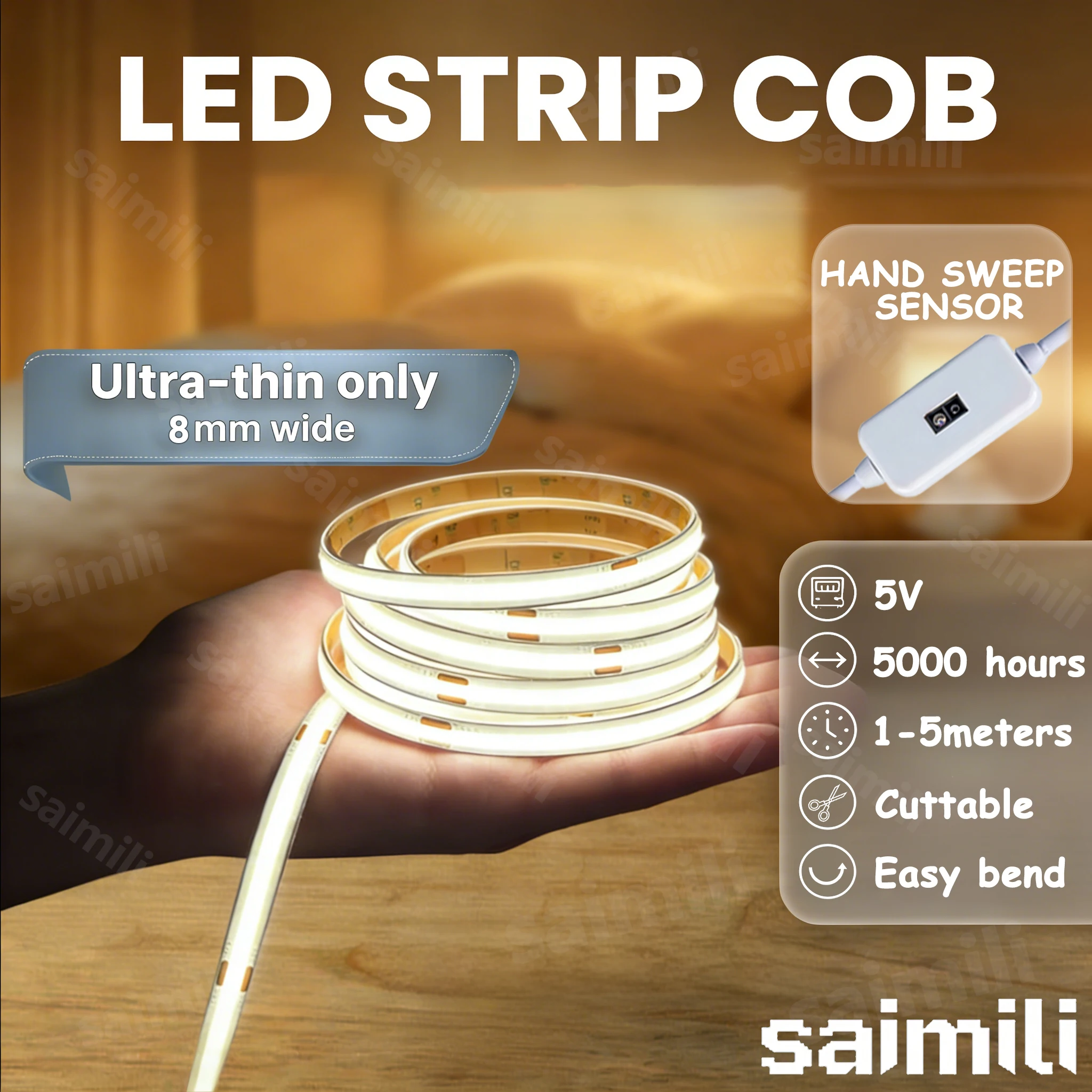 COB LED Strip Light 5V USB Hand Sweep Sensor Switch Tape Lamp Dimmable Flexible Lights For DIY TV Mirror Backlight Kitchen Room